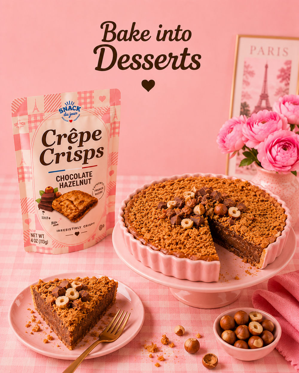 Crêpe Crisps crumbs baked into a chocolate hazelnut dessert