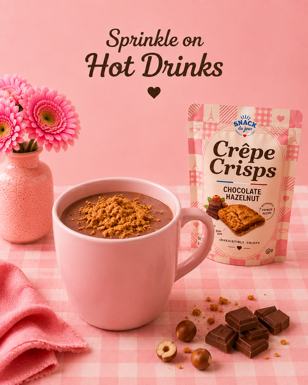 Crêpe Crisps crumbs sprinkled on a hot chocolate drink
