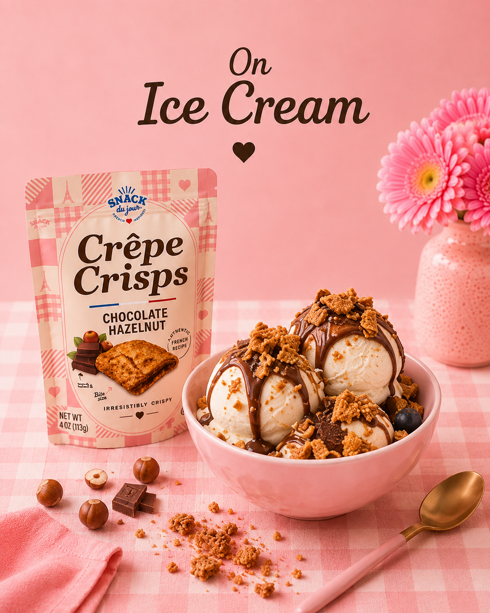Crêpe Crisps crumbs sprinkled over ice cream