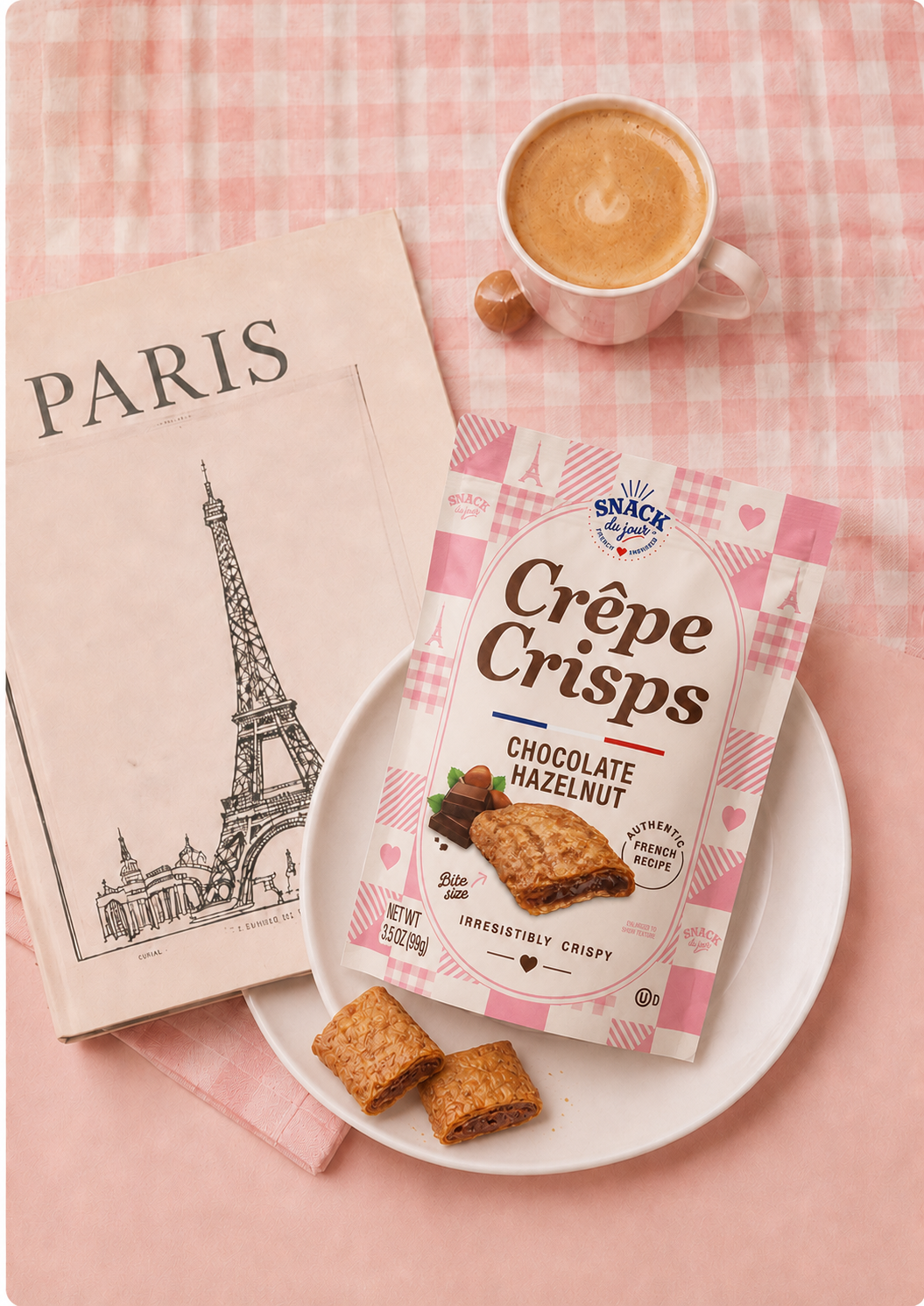 Snack du Jour Crêpe Crisps with Paris sketchbook, coffee, and two chocolate hazelnut crisps
