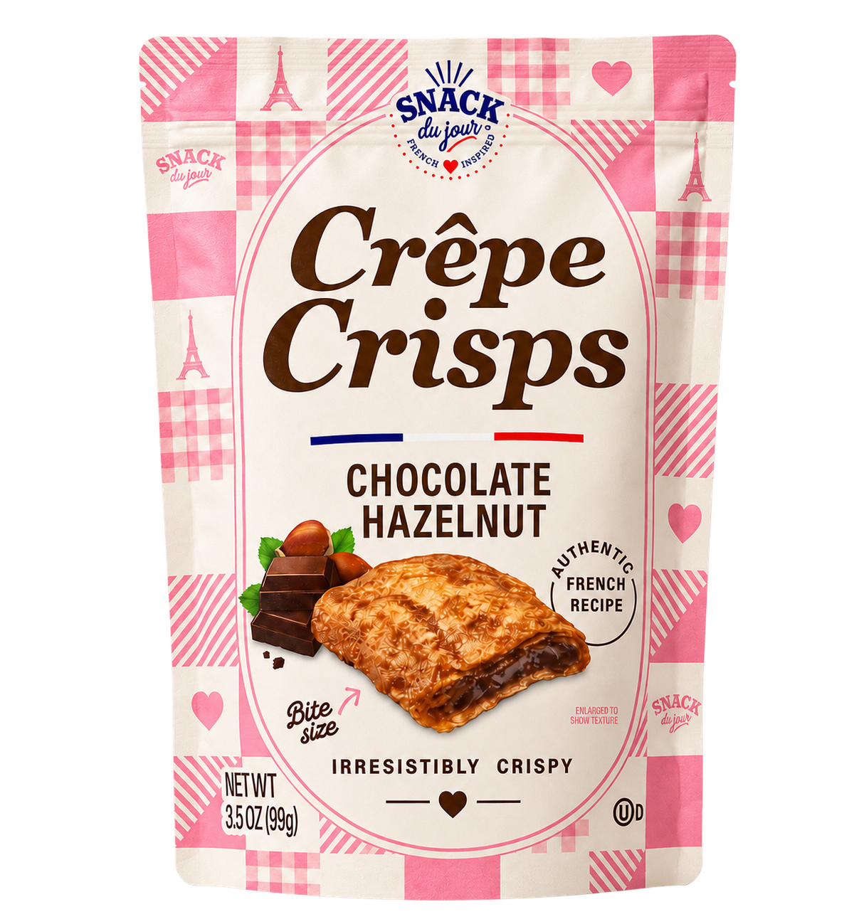 Front of Snack du Jour Chocolate Hazelnut Crêpe Crisps pouch