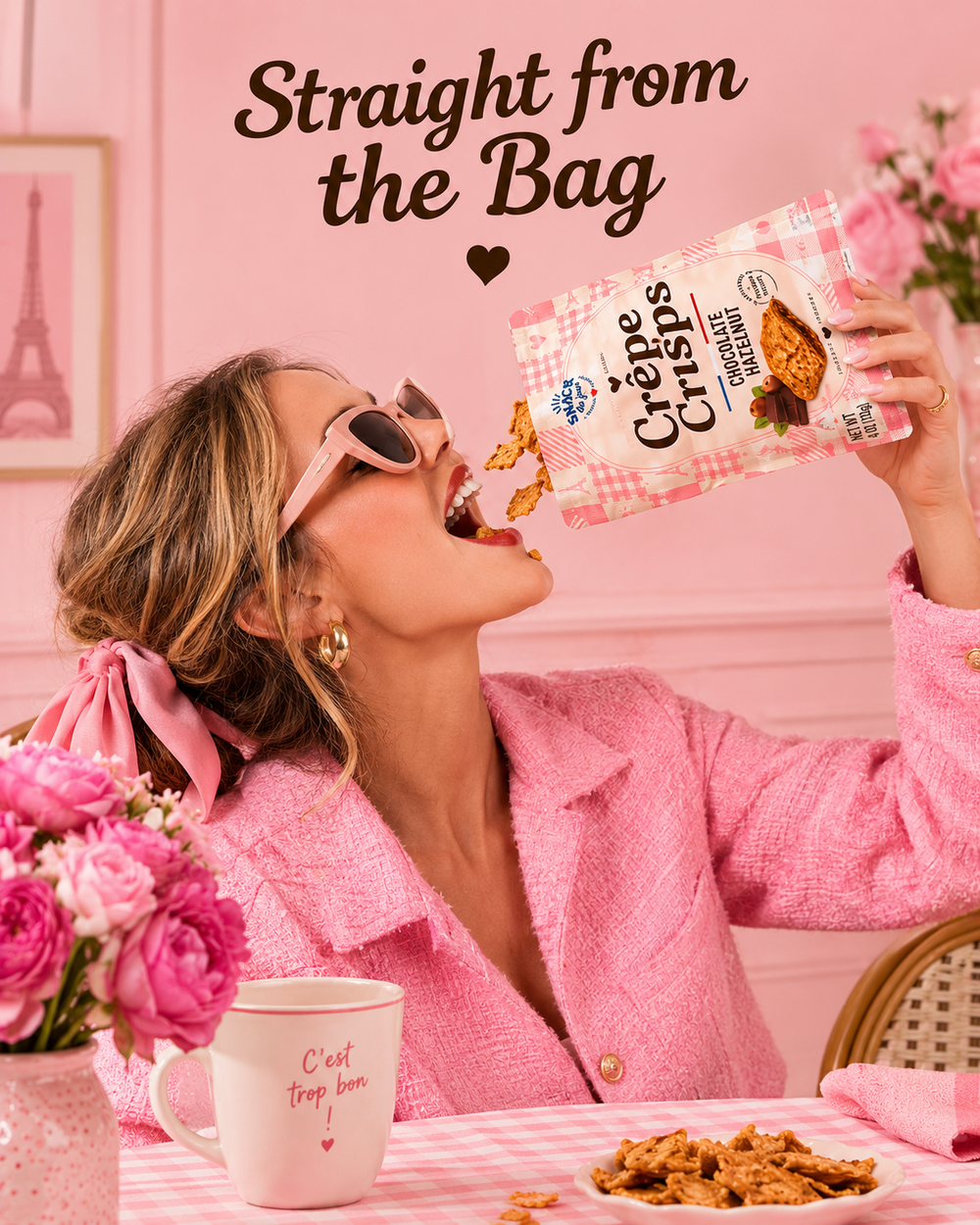 Woman enjoying Crêpe Crisps straight from the bag
